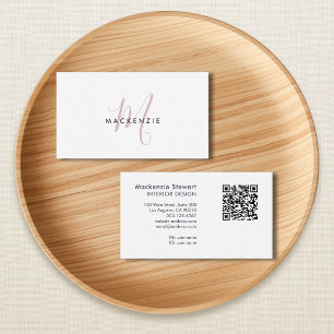 Elegant Modern Blush Rosa Skrift Monogram QR-kod Visitkort