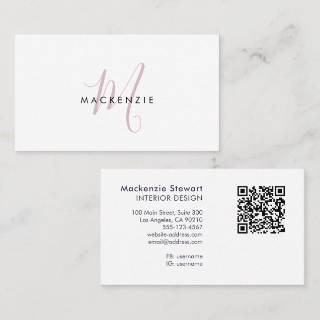 Elegant Modern Blush Rosa Skrift Monogram QR-kod Visitkort (Fram/baksida)