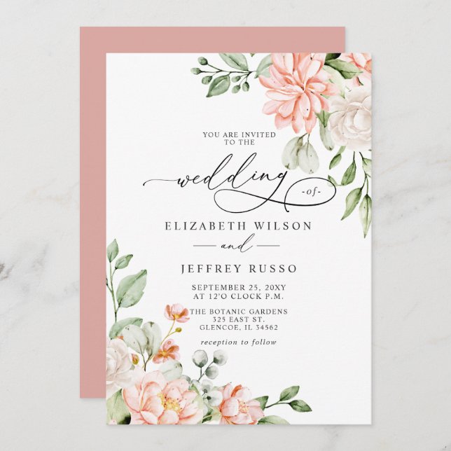Elegant Modern Blush White Floral Wedding Inbjudningar (Fram/baksida)