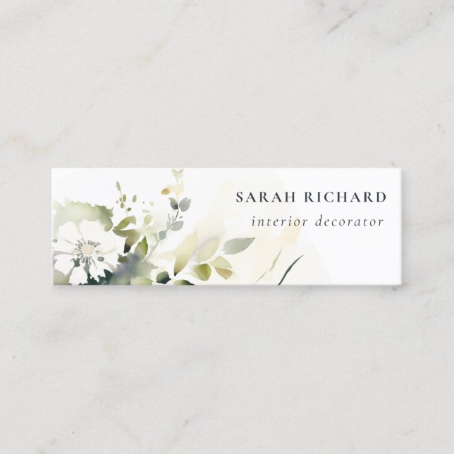 Elegant Modern Boho Abstrakt Grönt White Blommigt Mini Visitkort (Framsida)