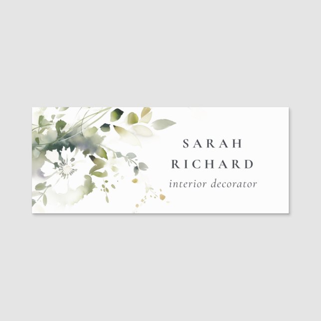 Elegant Modern Boho Abstrakt Grönt White Blommigt Namnbricka (Framsida)
