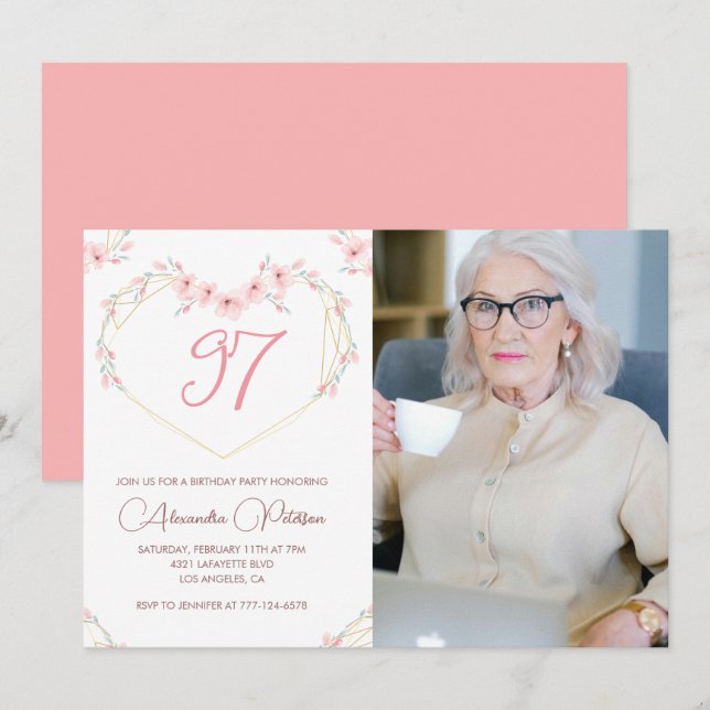 Elegant Modern Boho Blommig Foto 97-årsdag Inbjudningar (Fram/baksida)