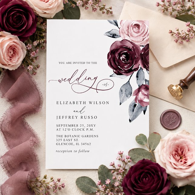Elegant Modern Bordo Blommig Bröllop Inbjudningar (Elegant Modern Burgundy Floral Wedding Invitation)