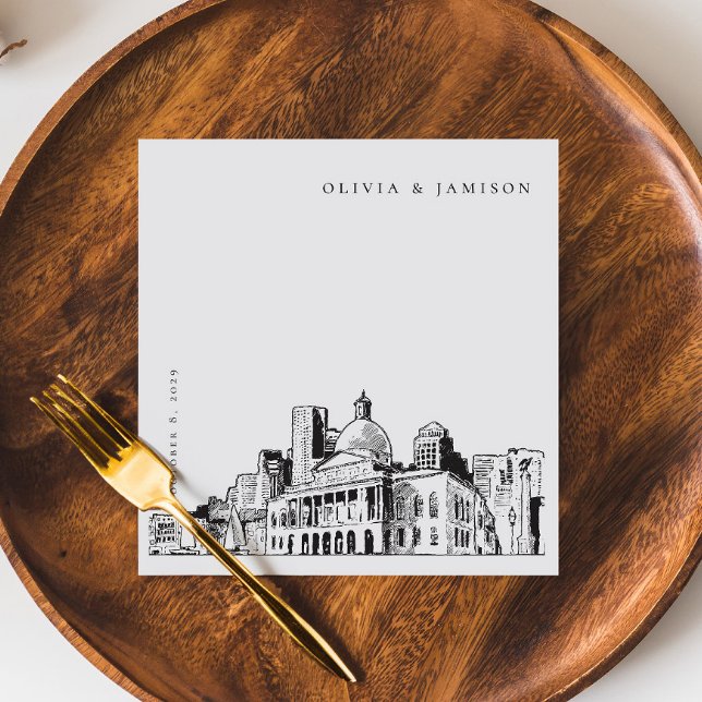Elegant Modern Boston Sketch New England Bröllop Pappersservett (Skapare uppladdad)