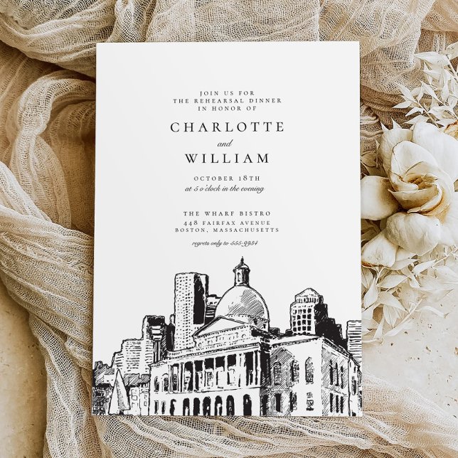 Elegant Modern Boston Sketch Rehearsal Dinner Inbjudningar (Skapare uppladdad)