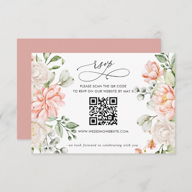 Elegant Modern Botanical Blush Floral QR CODE OSA Kort (Fram/baksida)