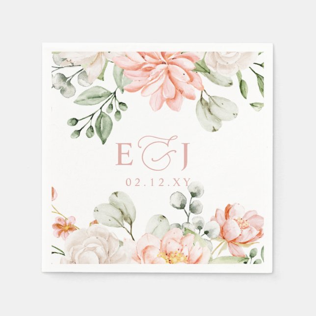 Elegant Modern Botanical Blush Pink Floral Wedding Pappersservett (Framsidan)