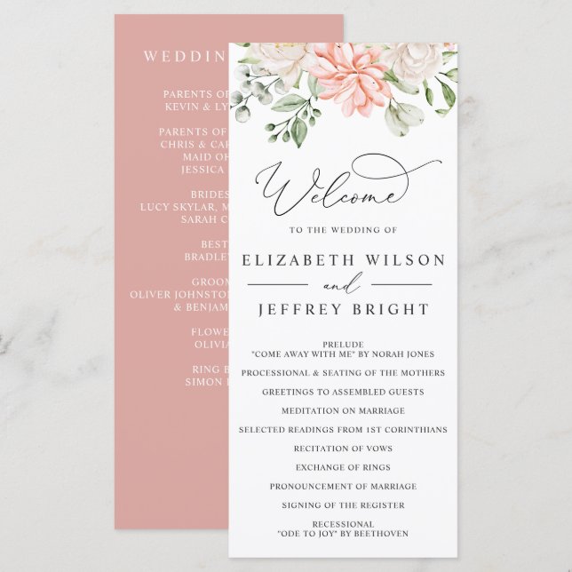 Elegant Modern Botanical Blush Pink Floral Wedding Program (Fram/baksida)