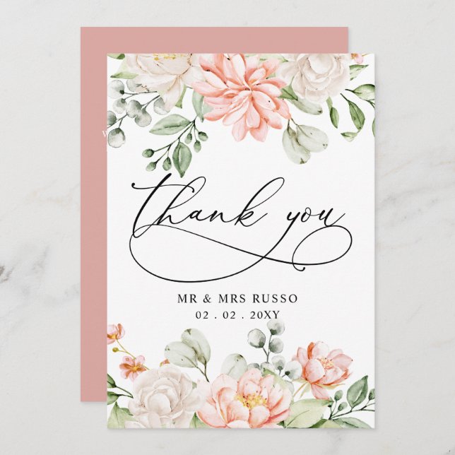 Elegant Modern Botanical Blush Pink Floral Wedding Tack Kort (Fram/baksida)