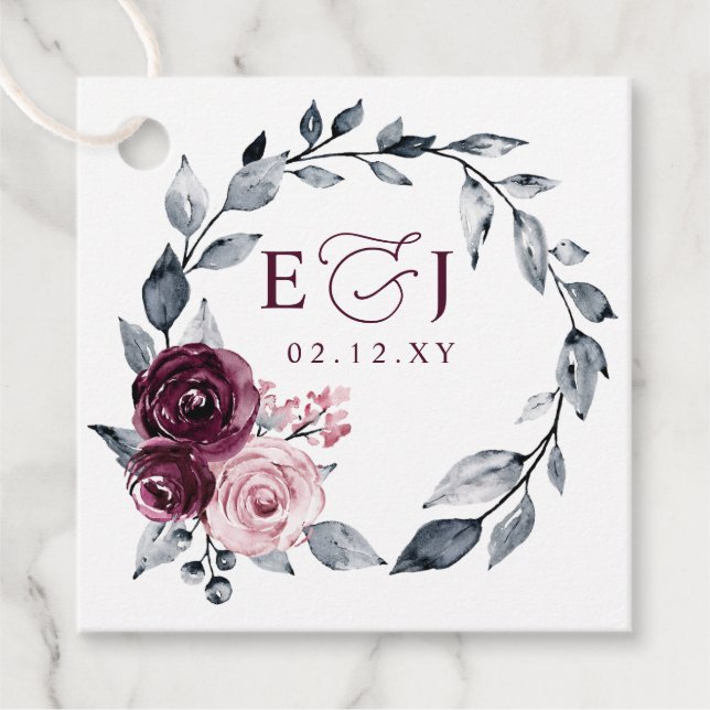 Elegant Modern Botanical Burgundy Floral Wedding Gåvor Etiketter (Framsida)