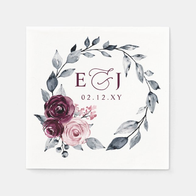 Elegant Modern Botanical Burgundy Floral Wedding Pappersservett (Framsidan)