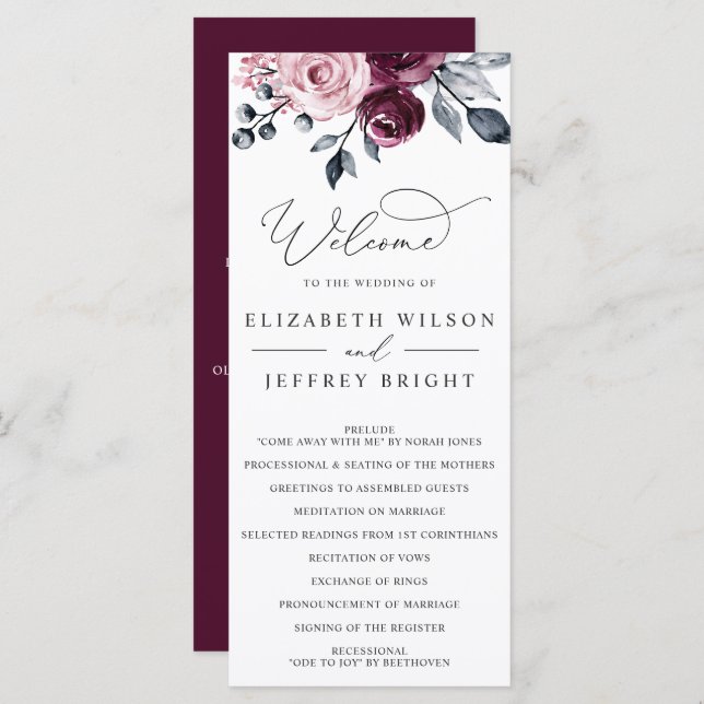 Elegant Modern Botanical Burgundy Floral Wedding Program (Fram/baksida)