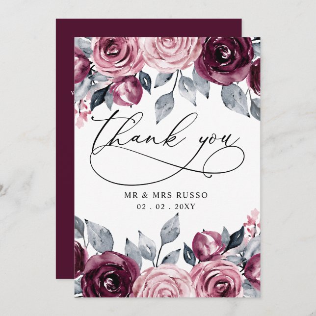 Elegant Modern Botanical Burgundy Floral Wedding Tack Kort (Fram/baksida)