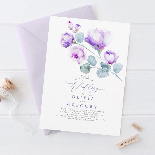 Elegant Modern Botanisk Lila Blommigt Bröllop Inbjudningar (Elegant Purple Flowers Wedding Invitation)