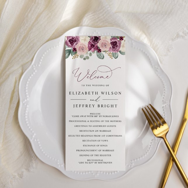 Elegant Modern Botanisk Plommon Blommig Bröllop Program (Elegant Modern Botanical Plum Floral Wedding Program)