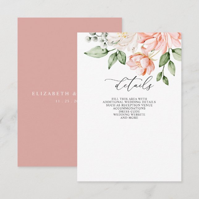 Elegant Modern Botanisk Rosa Blommig Bröllop Tilläggskort (Fram/baksida)