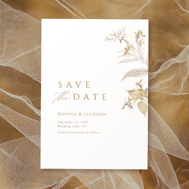 Elegant Modern botaniska Blommigten Guld Spara dat Spara Datumet (Elegant Modern Gold Botanical Floral Save The Date)