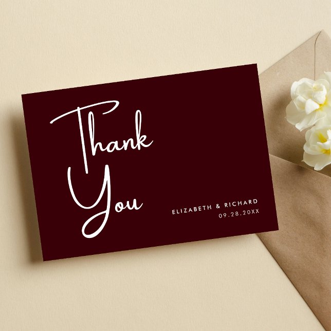 Elegant & Modern Bourgogne Bröllop Tack Kort (Elegant modern burgundy thank you card shares heartfelt gratitude with timeless wedding style.)