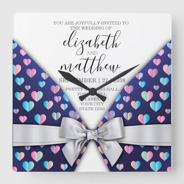 Elegant Modern Bow and Heart Speckles Design Fyrkantig Klocka (Framsida)