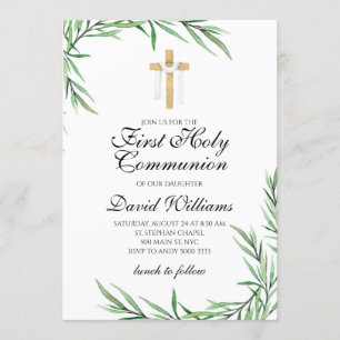 Elegant Modern Boy First Heliga Communion Greenery Inbjudningar