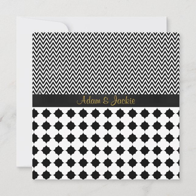 ELEGANT & MODERN BRÖLLOP Black White Guld Inbjudningar (Framsida)