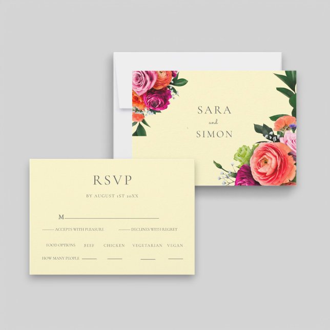 Elegant modern Bröllop OSA för fetstilt blommigt Kort (simple wedding rsvp card with bold florals ans a pastel yellow background, simple elegance )