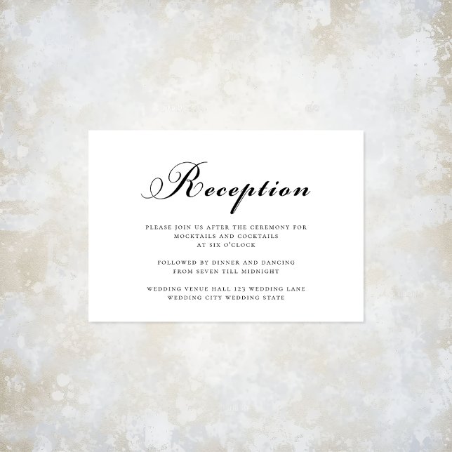 Elegant Modern bröllopsmottagning, svartvitt Tilläggskort (Elegant Modern Script Black & White Wedding Reception Card. View the full wedding at Austen & Grace)