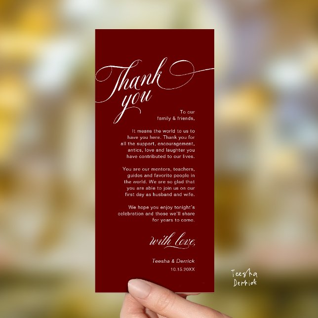 Elegant Modern Bröllopsplatssättning Tacksamhetsko Program (Classy Modern Wedding Place Setting Thank You Card in Burgundy Wine Red)