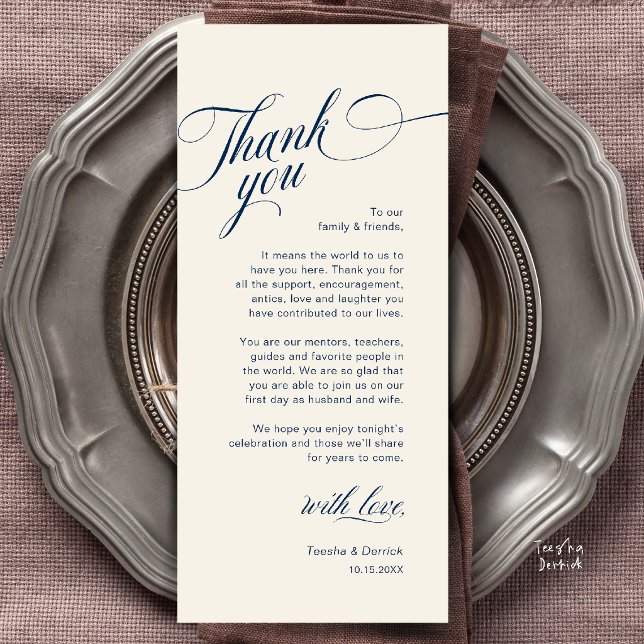 Elegant Modern Bröllopsplatssättning Tacksamhetsko Program (Classy Modern Wedding Place Setting Thank You Card in Navy Blue and Ivory)
