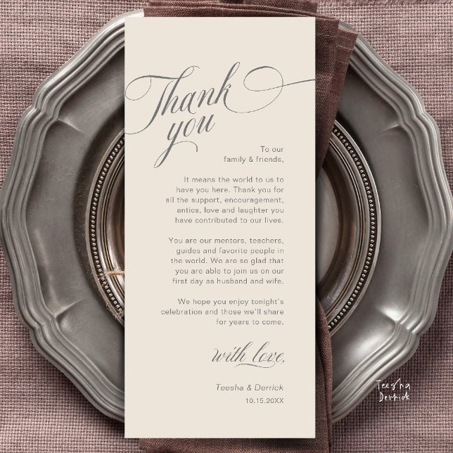 Elegant Modern Bröllopsplatssättning Tacksamhetsko Program (Classy Modern Wedding Place Setting Thank You Card in Cream and Grey)