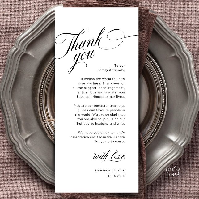 Elegant Modern Bröllopsplatssättning Tacksamhetsko Program (Classy Modern Wedding Place Setting Thank You Card in White and Black)