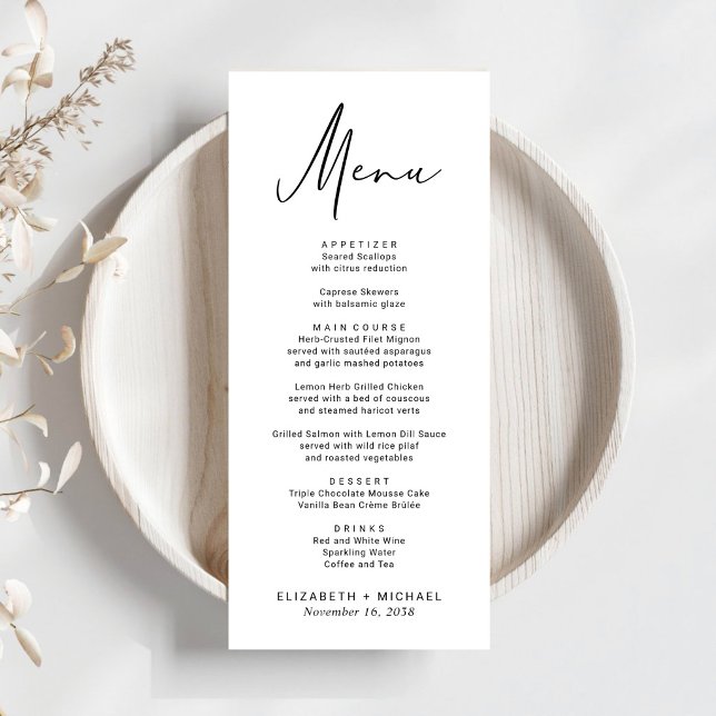 Elegant Modern Bröllopsskrift Meny (Chic Modern Script Wedding Menu)