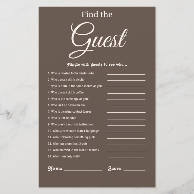 Elegant Modern Brun Bröllopsdusch-spel (Baksida)