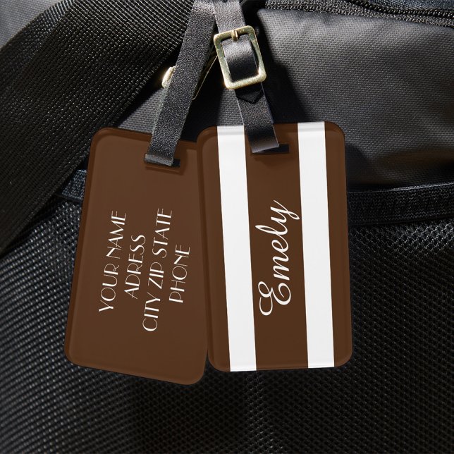 Elegant Modern Brun Vit Ränder Mönster Namn Bagagebricka (Elegant Modern Brown White Stripes Pattern Name Luggage Tag)