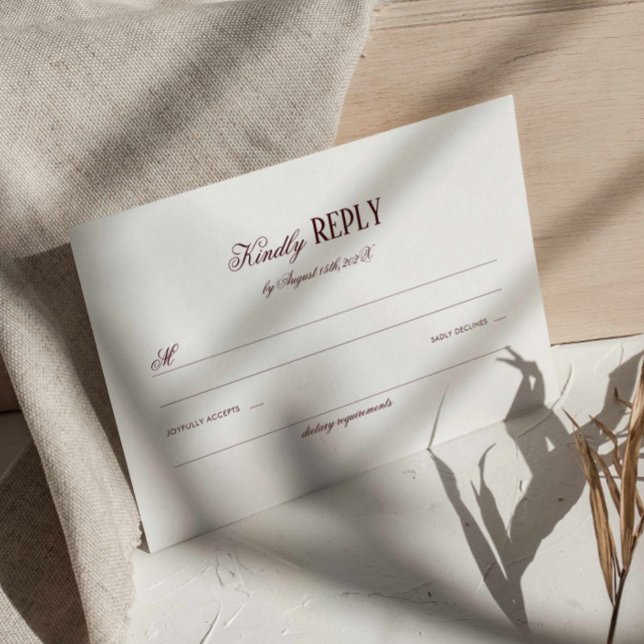 Elegant Modern Burgunder Bröllopssvar Tilläggskort (deep red formal wedding response card with dietary requirement, classic burgundy retro wedding rsvp)