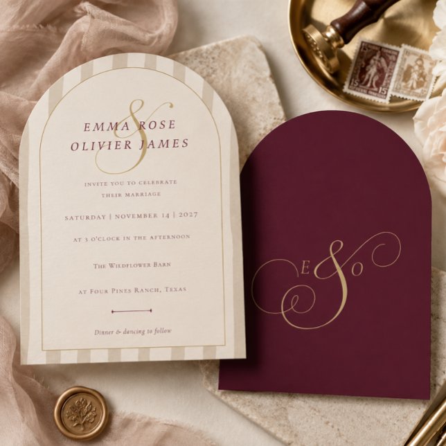 Elegant Modern Burgunder Champagne Båge Bröllop Inbjudningar (Elegant Modern Burgundy Champagne Arch Wedding Invitation)