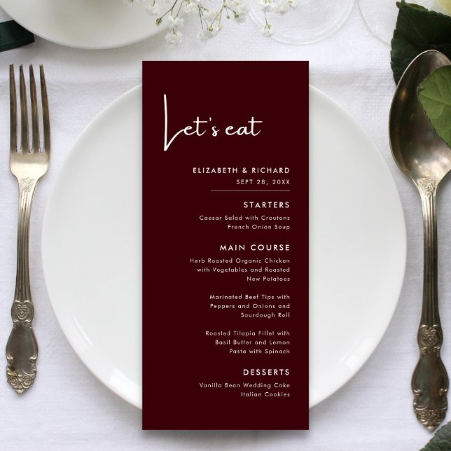 Elegant & Modern Burgunderlax Låt oss äta Bröllop Meny (Elegant modern burgundy wedding menu showcases your dishes with stylish, inviting charm.)