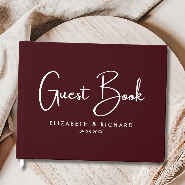 Elegant & Modern Burgunderröd Bröllop Gästböcker (Elegant modern burgundy guest book captures heartfelt memories in timeless wedding style.)