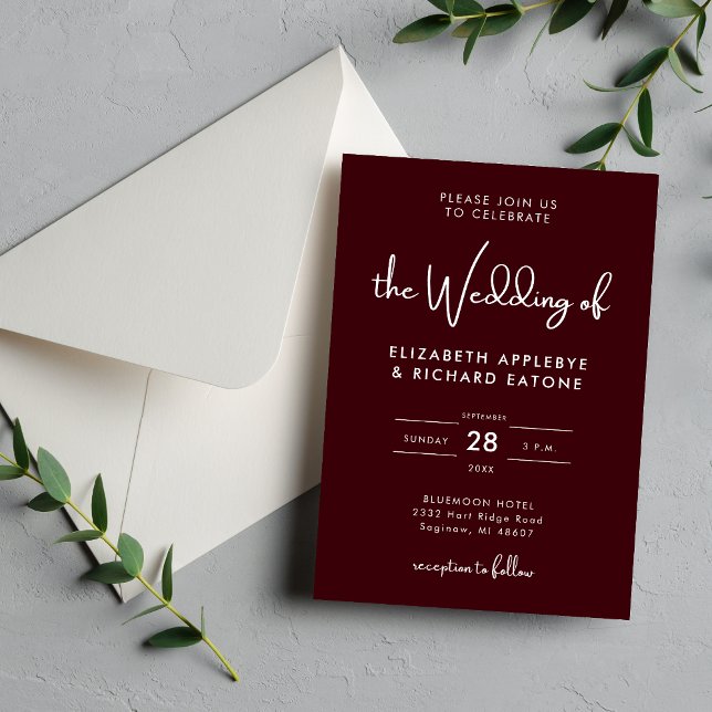Elegant & Modern Burgunderröd Bröllop Inbjudningar (Elegant modern burgundy wedding invitation creates a romantic, timeless first impression.)