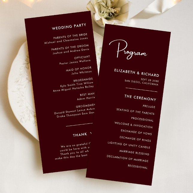 Elegant & Modern Burgunderröd Bröllopsprogram (Elegant modern burgundy wedding program keeps guests informed with a refined, cohesive touch.)