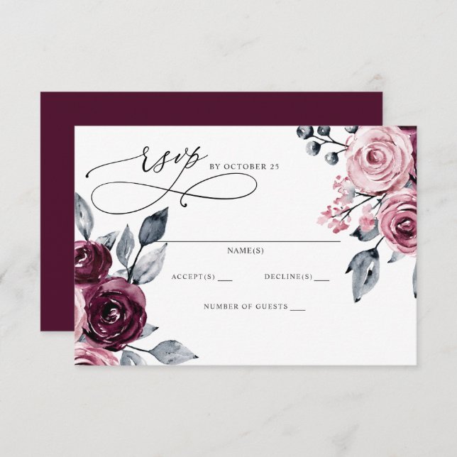 Elegant Modern Burgundy Floral Wedding OSA Kort (Fram/baksida)