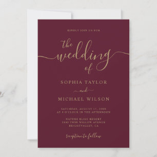 Elegant Modern calligrafi Burgundy & Guld Bröllop Inbjudningar