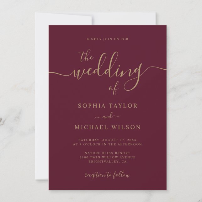 Elegant Modern calligrafi Burgundy & Guld Bröllop Inbjudningar (Framsida)
