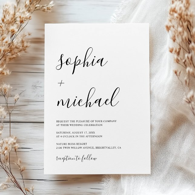 Elegant Modern Calligraphy Black & White Bröllop Inbjudningar (Skapare uppladdad)