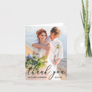 Elegant Modern Calligraphy Bröllop Photo Note Tack Kort