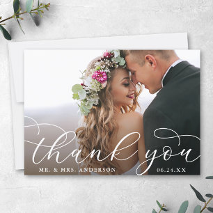 Elegant Modern Calligraphy Bröllop Photo Tack Kort