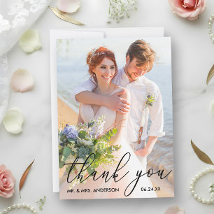 Elegant Modern Calligraphy Bröllop Photo Tack Kort