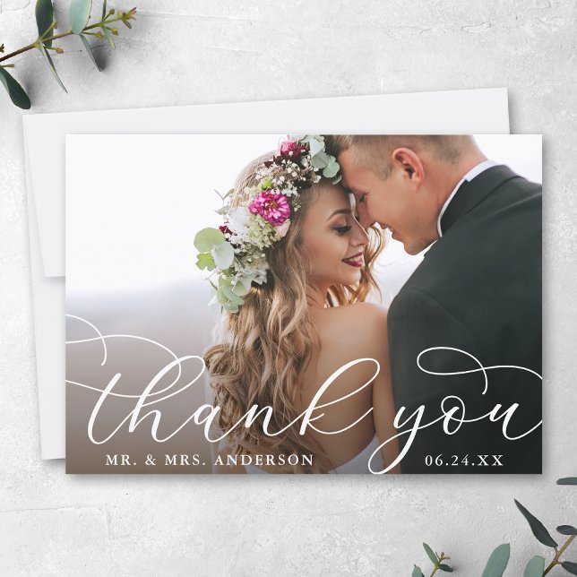 Elegant Modern Calligraphy Bröllop Photo Tack Kort (Customize to add text or more photos to back of card.)