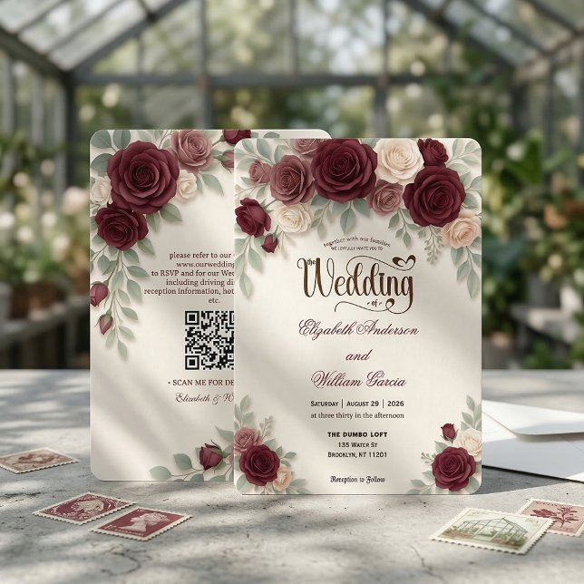 Elegant Modern Calligraphy Burgundy Rose QR Code Inbjudningar (Skapare uppladdad)