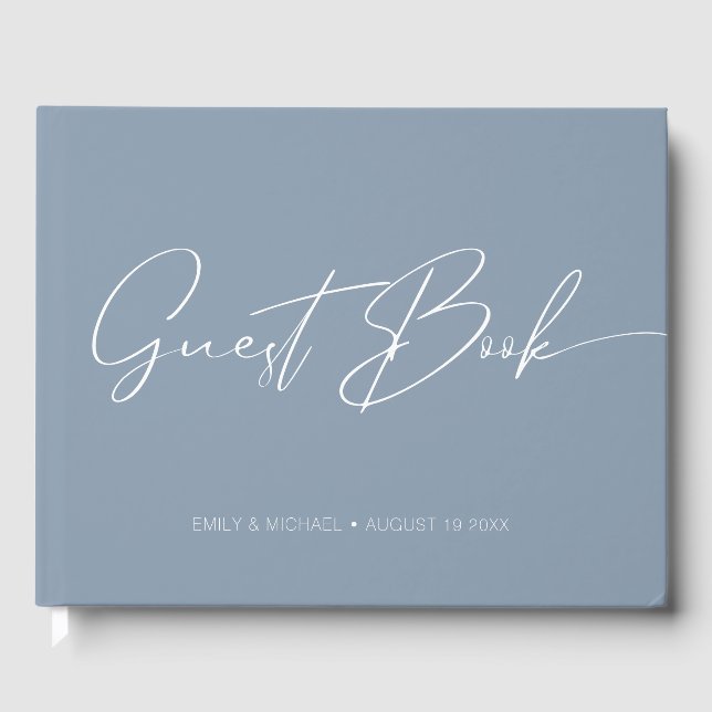 Elegant Modern Calligraphy Dusty Blue Bröllop Gästböcker (Framsida)